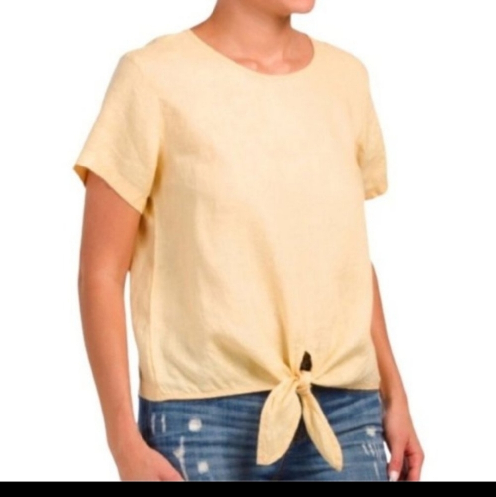 Rachel Zoe Tie Front Top in Buttercream 100% Linen, Button Back
